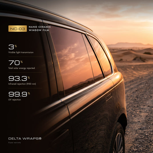Delta Wraps NC-03 nano ceramic window film on a car: 3% VLT, 70% total solar energy rejected, 93.3% IR rejection, 99.9% UV rejection
