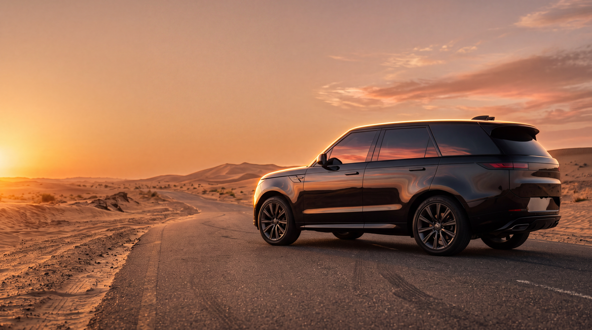 Black SUV with Delta Wraps nano ceramic window film in the UAE desert at sunset