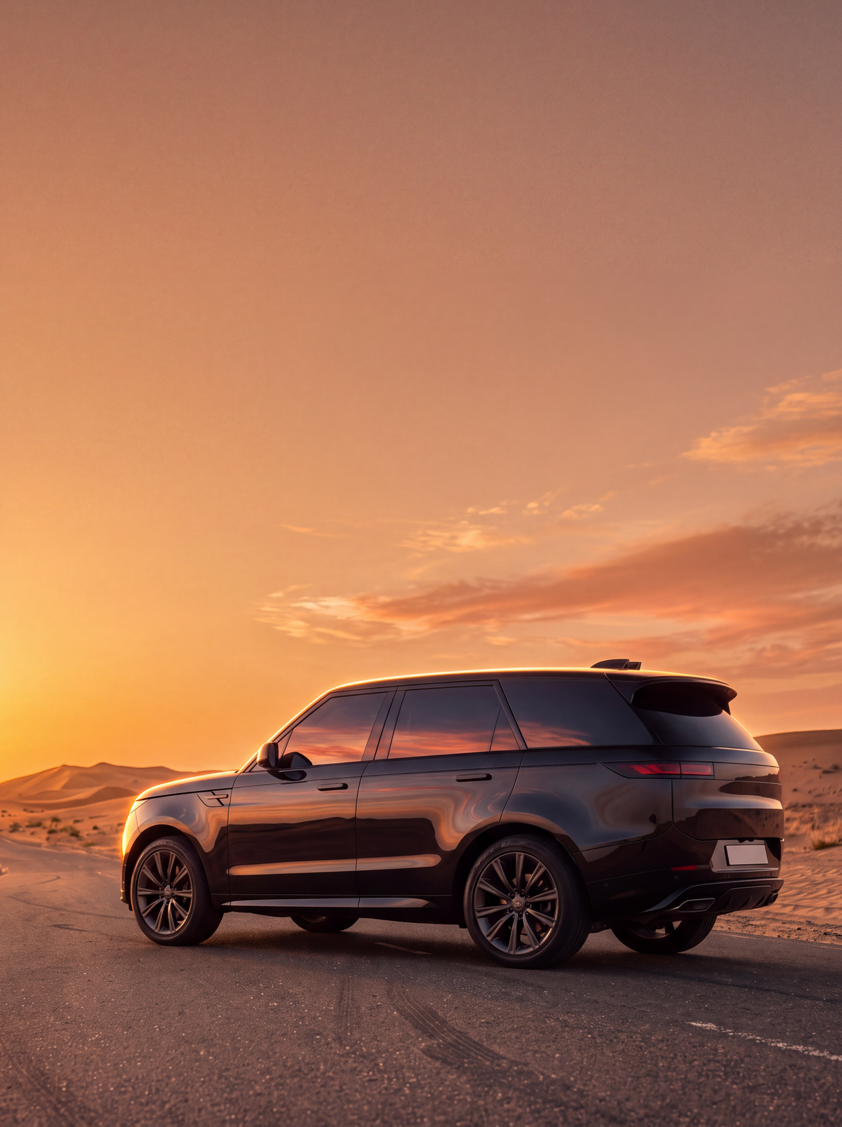 Black SUV with Delta Wraps nano ceramic window film in the UAE desert at sunset