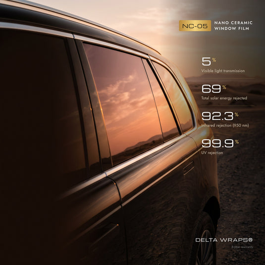 Delta Wraps NC-05 nano ceramic window film on a car: 5% VLT, 69% total solar energy rejected, 92.3% IR rejection, 99.9% UV rejection