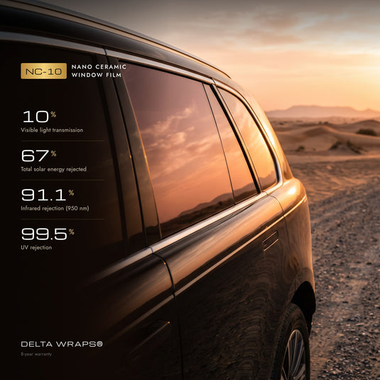 Delta Wraps NC-10 nano ceramic window film on a car: 10% VLT, 67% total solar energy rejected, 91.1% IR rejection, 99.5% UV rejection